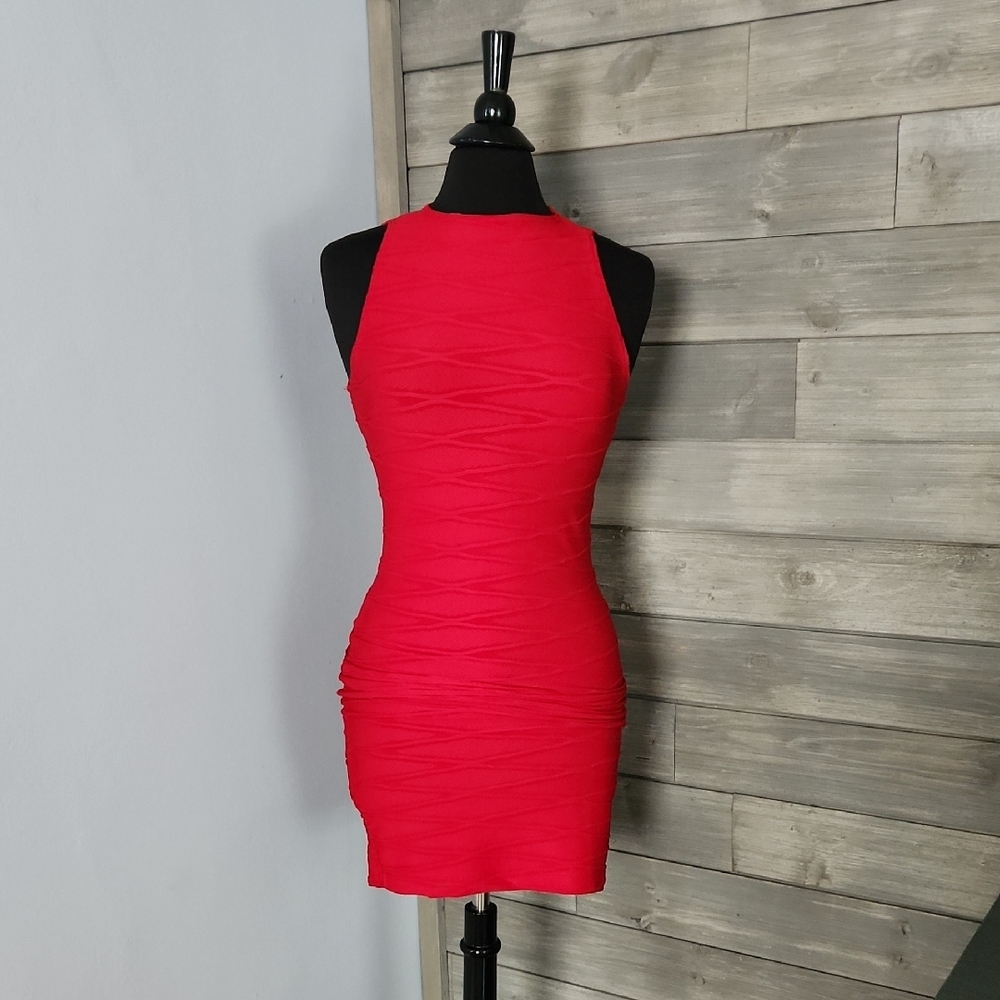 Windsor Red Ribbed Halter Bodycon Mini Dress - Picture 2 of 8